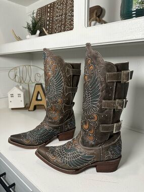 J.B. Dillon Western Boots Womens 7B Embroidered Wing Buckle Strap Brown Leather